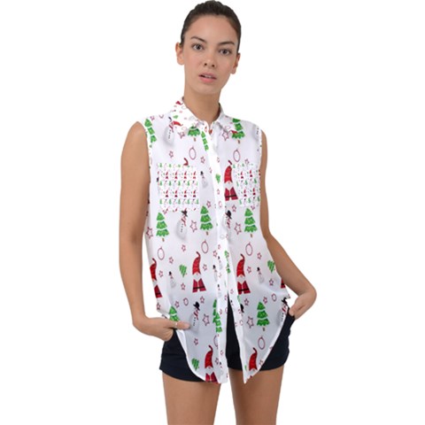 Santa Claus Snowman Christmas  Sleeveless Chiffon Button Shirt by artworkshop