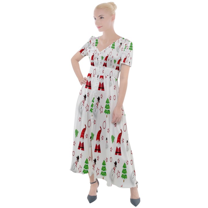 Santa Claus Snowman Christmas  Button Up Short Sleeve Maxi Dress