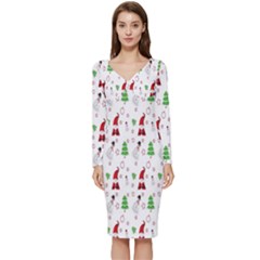 Santa Claus Snowman Christmas  Long Sleeve V-neck Bodycon Dress 