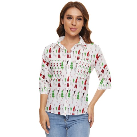 Santa Claus Snowman Christmas  Women s Quarter Sleeve Pocket Shirt by artworkshop