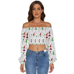 Santa Claus Snowman Christmas  Long Sleeve Crinkled Weave Crop Top