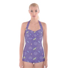 Seamless Pattern Floral Background Violet Background Boyleg Halter Swimsuit  by artworkshop