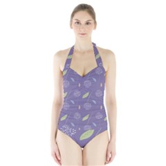 Seamless Pattern Floral Background Violet Background Halter Swimsuit by artworkshop