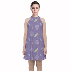 Seamless Pattern Floral Background Violet Background Velvet Halter Neckline Dress  by artworkshop