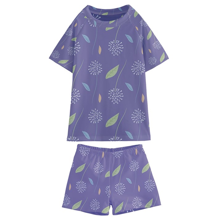 Seamless Pattern Floral Background Violet Background Kids  Swim Tee and Shorts Set