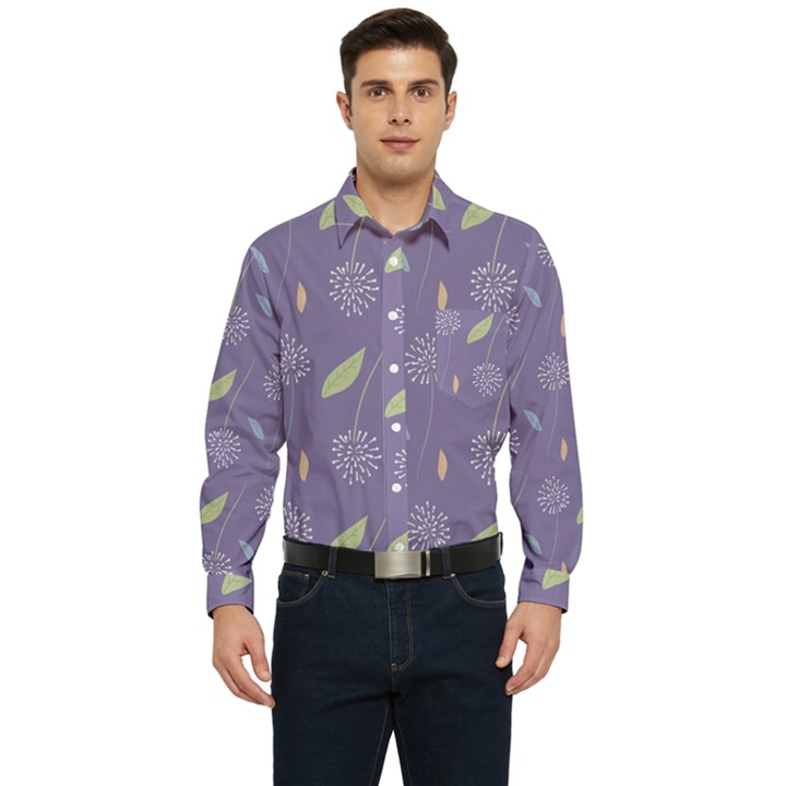 Seamless Pattern Floral Background Violet Background Men s Long Sleeve Pocket Shirt 