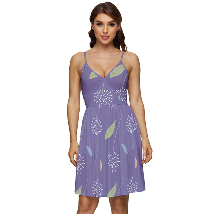 Seamless Pattern Floral Background Violet Background V-Neck Pocket Summer Dress 