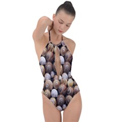 Snail Shells Pattern Arianta Arbustorum Plunge Cut Halter Swimsuit by artworkshop