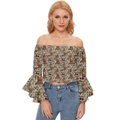 Pattern  Off Shoulder Flutter Bell Sleeve Top by Gohar