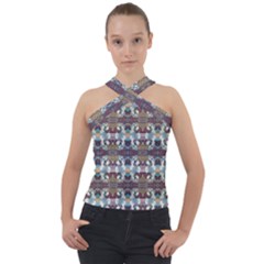 Multicolored Ornate Decorate Pattern Cross Neck Velour Top