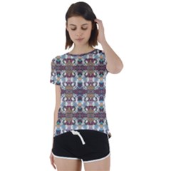 Multicolored Ornate Decorate Pattern Short Sleeve Open Back Tee