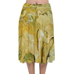 Kaleido Art Gold Velvet Flared Midi Skirt by kaleidomarblingart