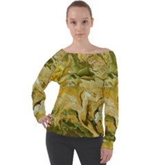 Kaleido Art Gold Off Shoulder Long Sleeve Velour Top by kaleidomarblingart