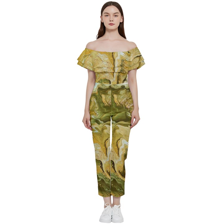 Kaleido Art Gold Off Shoulder Ruffle Top Jumpsuit