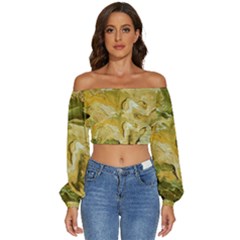 Kaleido Art Gold Long Sleeve Crinkled Weave Crop Top