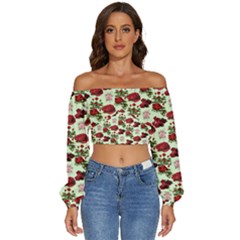 Flowers Pattern Long Sleeve Crinkled Weave Crop Top