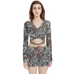 Floral Surface Print Design Velvet Wrap Crop Top And Shorts Set by dflcprintsclothing