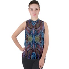 Marbled Confetti Symmetry Mock Neck Chiffon Sleeveless Top