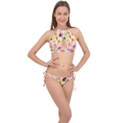 Ice Cream Pattern Piink Cross Front Halter Bikini Set by PaperDesignNest