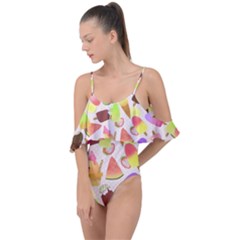 Ice Cream Pattern Piink Drape Piece Swimsuit