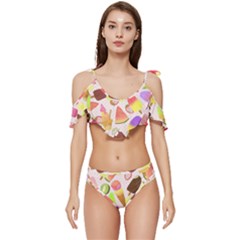 Ice Cream Pattern Piink Ruffle Edge Tie Up Bikini Set	