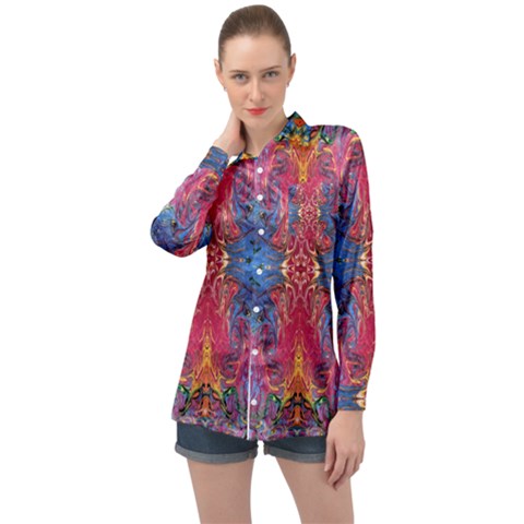 Firey Repeats I Long Sleeve Satin Shirt by kaleidomarblingart