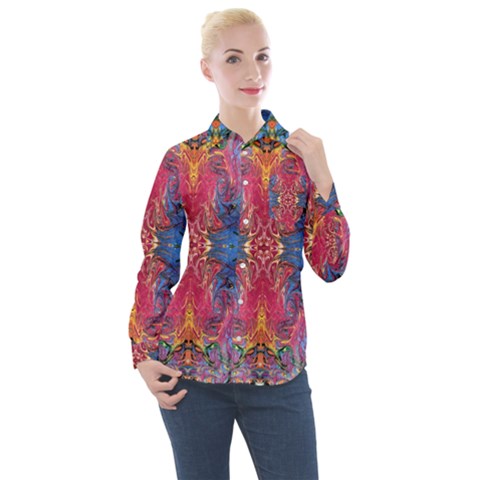 Firey Repeats I Women s Long Sleeve Pocket Shirt by kaleidomarblingart