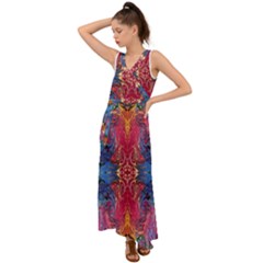 Firey Repeats I V-neck Chiffon Maxi Dress by kaleidomarblingart