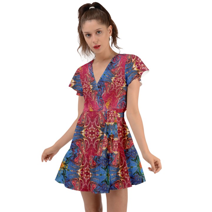 Firey Repeats I Flutter Sleeve Wrap Dress