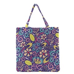 Whimsy Spring Floral Pattern Blue Grocery Tote Bag by PaperDesignNest