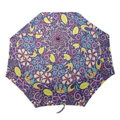 Whimsy Spring Floral Pattern Blue Folding Umbrellas by PaperDesignNest