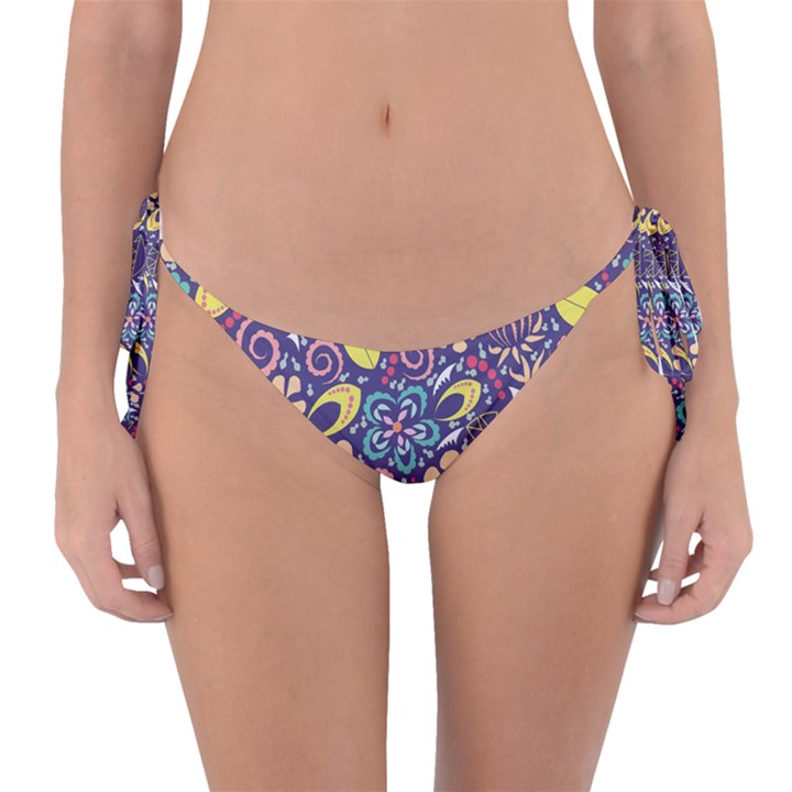 Whimsy Spring Floral Pattern Blue Reversible Bikini Bottom