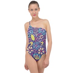 Whimsy Spring Floral Pattern Blue Classic One Shoulder Swimsuit by PaperDesignNest