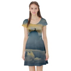 Bird Flying Over Stormy Sky Short Sleeve Skater Dress by dflcprintsclothing