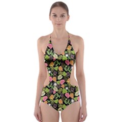 Forest Leaves Pattern Cut-out One Piece Swimsuit