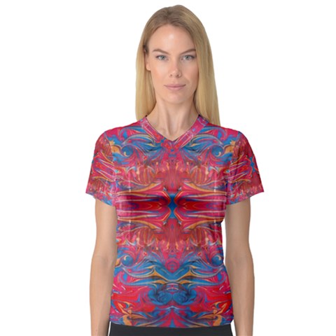 Red Swirls Repeats Iii V-neck Sport Mesh Tee by kaleidomarblingart