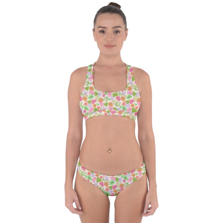 Forest Leaves Pattern Pink  Cross Back Hipster Bikini Set