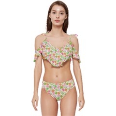 Forest Leaves Pattern Pink  Ruffle Edge Tie Up Bikini Set	 by PaperDesignNest