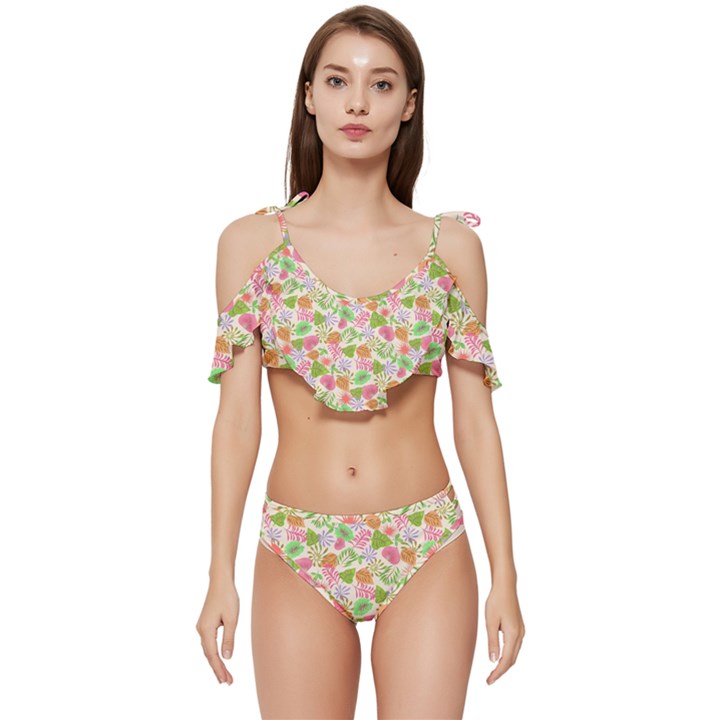 Forest Leaves Pattern Pink  Ruffle Edge Tie Up Bikini Set	