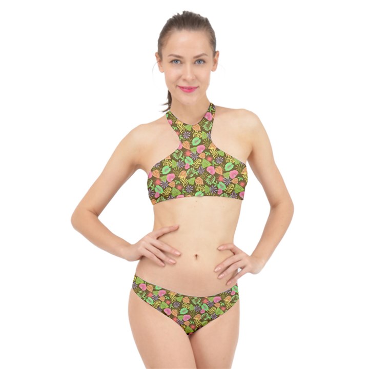 Forest Leaves Pattern Brown High Neck Bikini Set