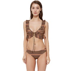 Strip-brown Low Cut Ruffle Edge Bikini Set