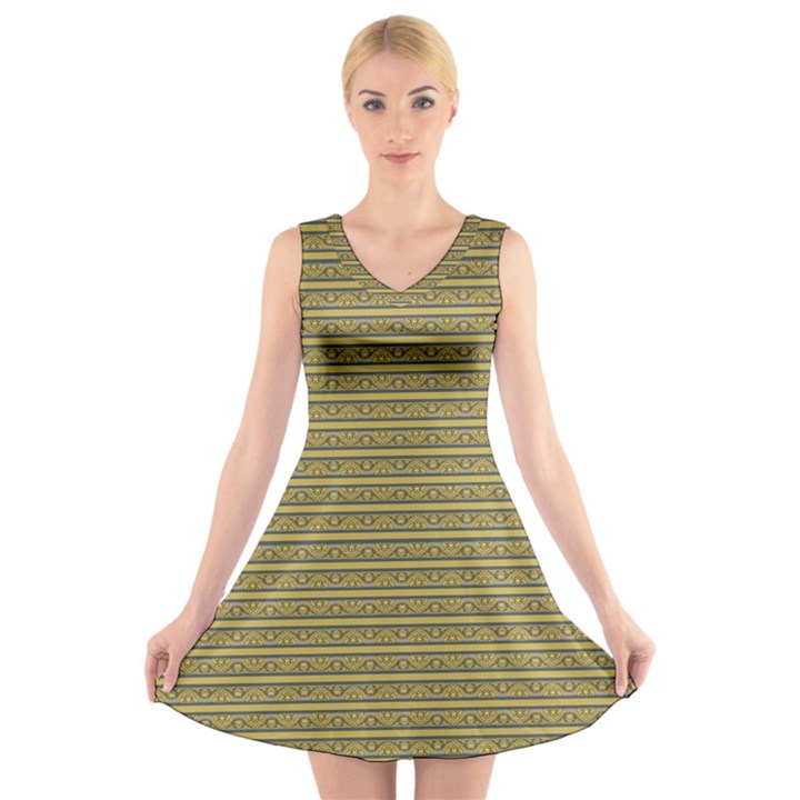 Golden Striped Decorative Pattern V-Neck Sleeveless Dress