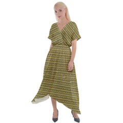 Golden Striped Decorative Pattern Cross Front Sharkbite Hem Maxi Dress by dflcprintsclothing