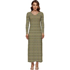 Golden Striped Decorative Pattern Long Sleeve Velour Longline Maxi Dress by dflcprintsclothing