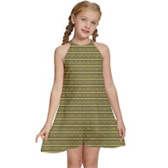 Golden Striped Decorative Pattern Kids  Halter Collar Waist Tie Chiffon Dress by dflcprintsclothing