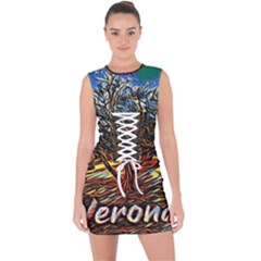 Colorful Verona Olive Tree Lace Up Front Bodycon Dress by ConteMonfrey