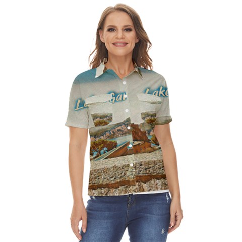 Malcesine Castle On Lake Garda Women s Short Sleeve Double Pocket Shirt by ConteMonfrey