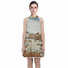 Birds And People On Lake Garda Velvet Halter Neckline Dress  by ConteMonfrey