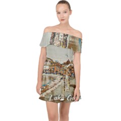 Birds And People On Lake Garda Off Shoulder Chiffon Dress by ConteMonfrey