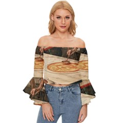 Let`s Make Pizza Off Shoulder Flutter Bell Sleeve Top by ConteMonfrey